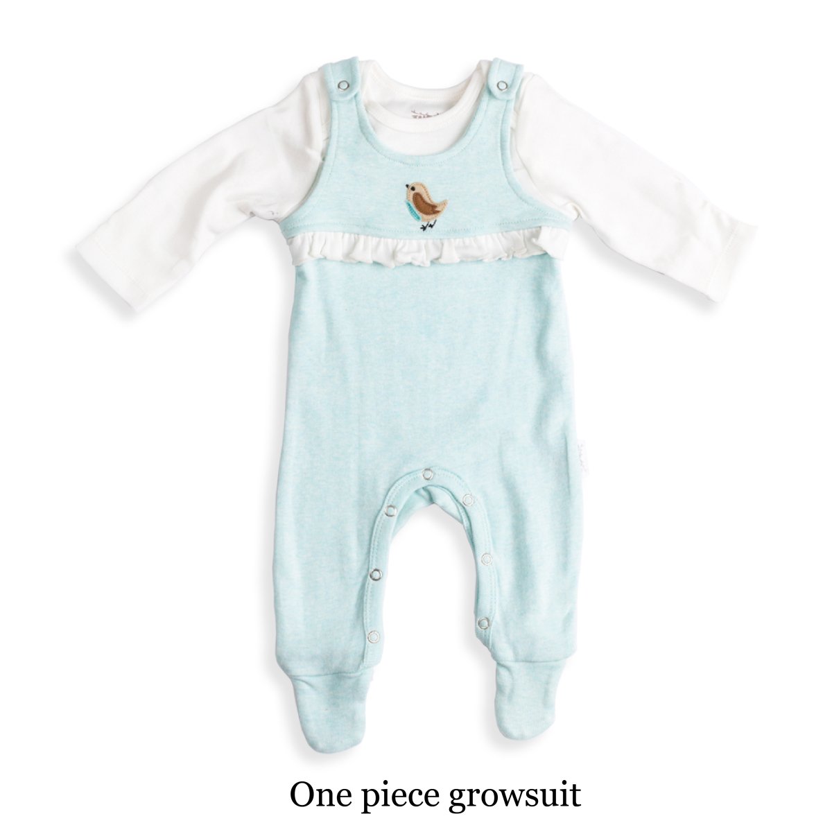 Eucalyptus Green Bird Applique Overall Growsuit - The Elk Baby
